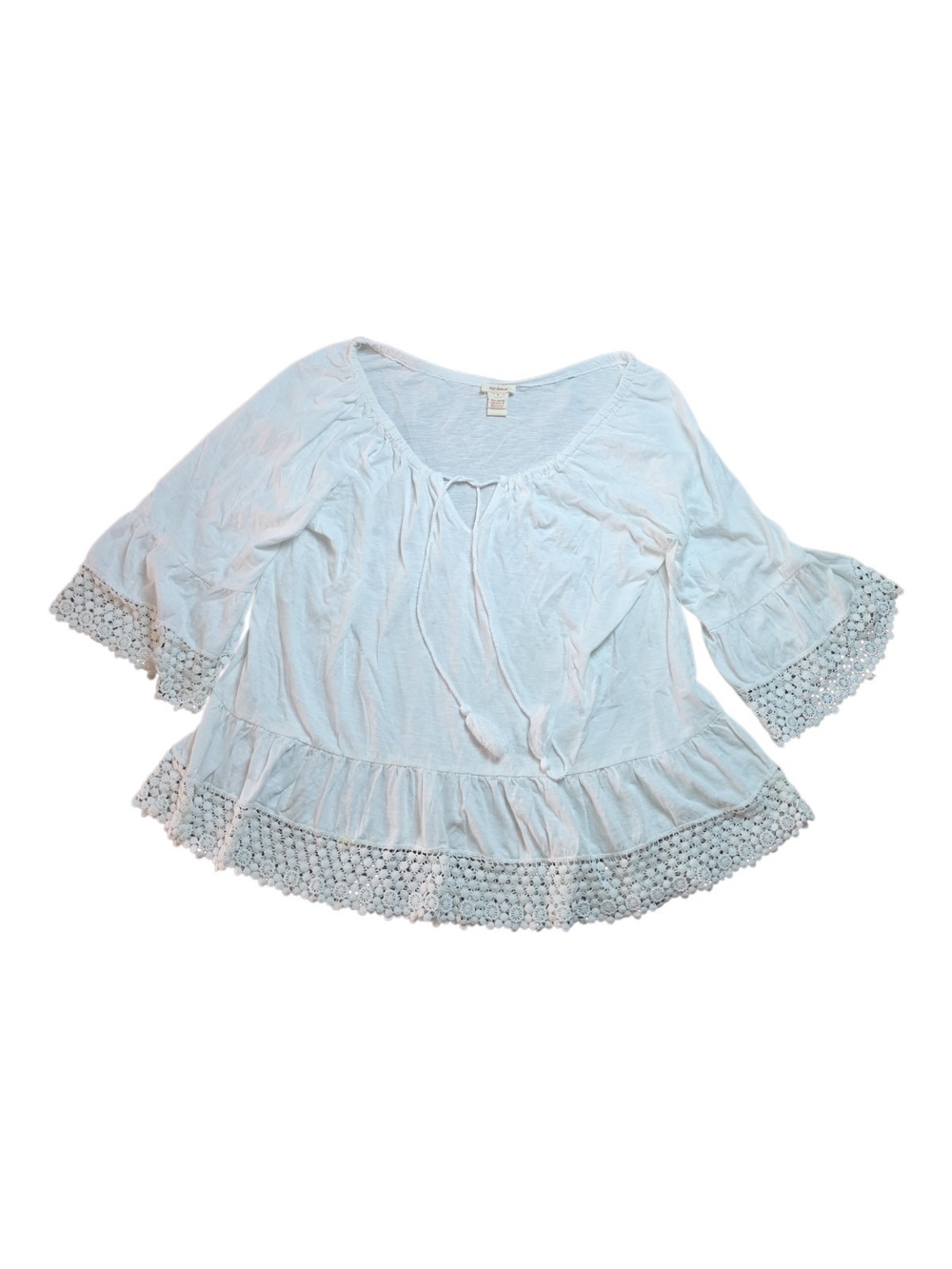 SUNDANCE | White Cotton Crochet Lace Tiered Bell Sleeve Peasant Swing Blouse | L - Picture 2 of 10